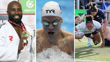 Teddy Riner, Léon Marchand et Kelly Arbey. (AFP / SIPA / AFP)